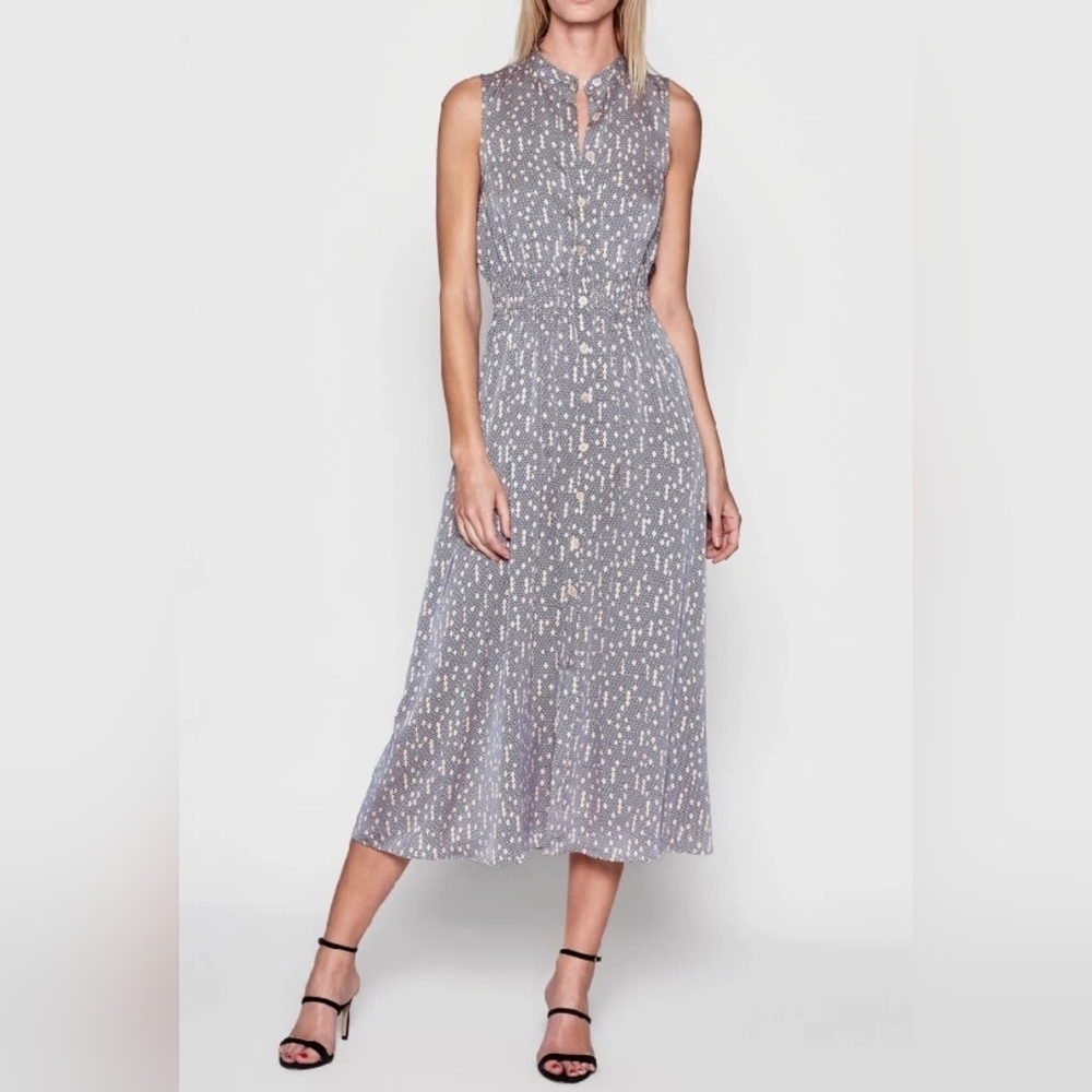 EQUIPMENT FEMME Sz2 ANDRINNA PRINTED SLEEVELESS SATIN DRESS ROSE CLOUD/BLUE